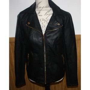 Kenneth Cole Black Faux Leather Motorcycle Jacket Sz Women's M Zip Pockets GUC